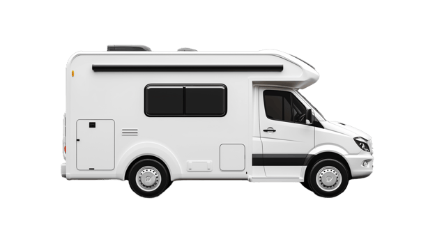 Modern white camper van side view on transparent background png