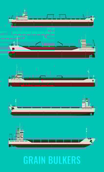 Set of illustrations of bulk carriers with cereals corn, sunflower, wheat on a blue sea background. vector
