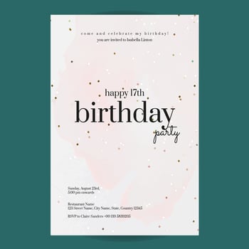 Happy 17th birthday party invitation with watercolor and gold confetti vector