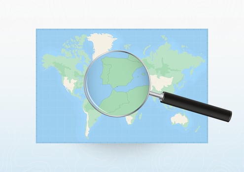 Map of the World with a magnifying glass aimed at Gibraltar, searching Gibraltar with loupe. vector