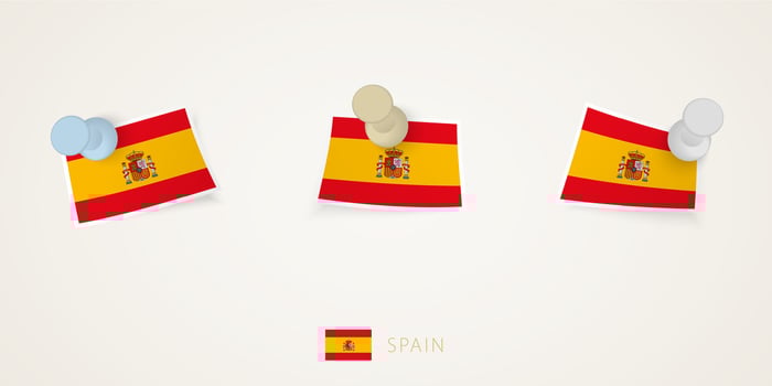 Pinned flag of Spain in different shapes with twisted corners. vector