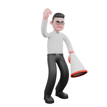 Creative 3D Model. A male producer stands with both legs slightly bent, while his left hand holds a loudspeaker and his right hand is raised up. Film Style png