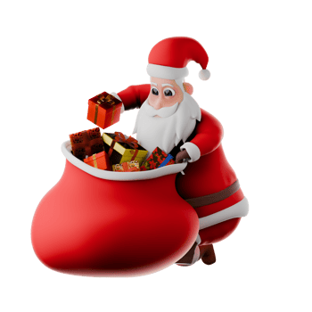 Fat Santa Character. A Santa Claus man stands wanting to put a gift into a gift sack. Christmas Cartoon Illustration png