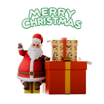 Fat Santa Christmas Cartoon. A Santa Claus man stands next to a pile of gifts. 3D Model Illustration png