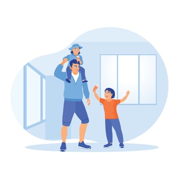 Father playing with his children at home. Father carrying daughter on shoulders. Family lifestyle activity concept. vector