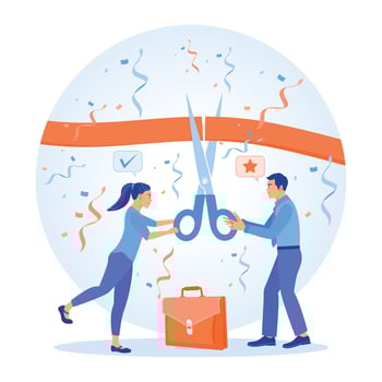 Businessmen and colleagues are cutting red tape. Starting a new business. Launching Advertising Campaign concept. vector