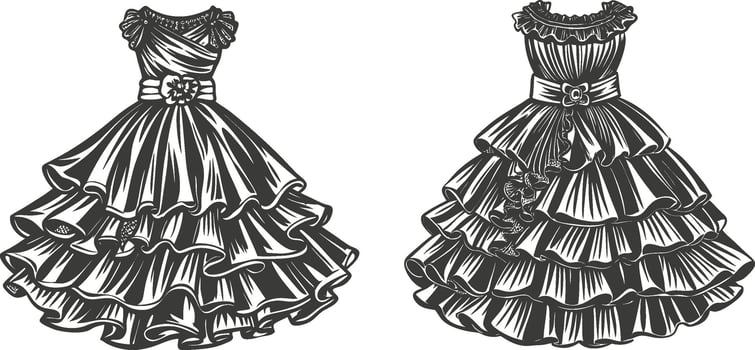 Elegant Tiered Ruffle Hem Dress Sketch vector