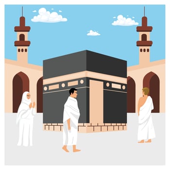One part of the Hajj pilgrimage is tawaf. Pilgrims walk around the Kaaba seven times. Islamic Hajj Pilgrimage concept. Flat illustration. vector
