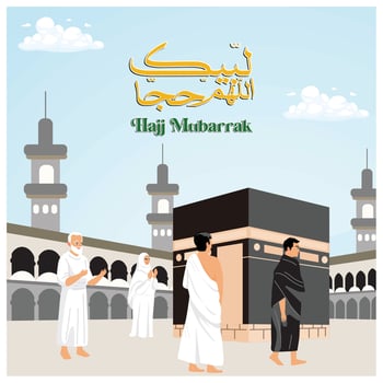 Muslims perform the Hajj pilgrimage. Hajj pilgrims pray in front of the Kaaba. Islamic Hajj concept. Flat illustration. vector