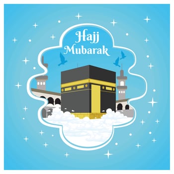 Hajj Mubarak greeting card with Kaaba and mosque minaret. Celebration of the Hajj pilgrimage in Mecca. Islamic Hajj concept. Flat illustration. vector