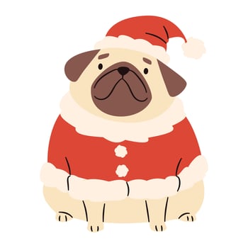 Flat illustration in a simple children's style. Cute pug in Santa Claus costume on white background vector