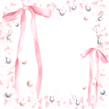 Pink bows, ribbons with pearl earrings on watercolor rose spots splashes abstract background. Square frame. Coquette style template, girly birthday card, label Hand drawn illustration isolated clipart png