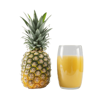 A single pineapple and a glass filled with pineapple juice placed on a clear background png