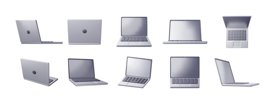 3D set of cartoon laptop computer isolated. Render collection of notebook LCD display mock up with blank screen vector