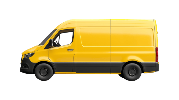 Yellow delivery van side view on transparent background png