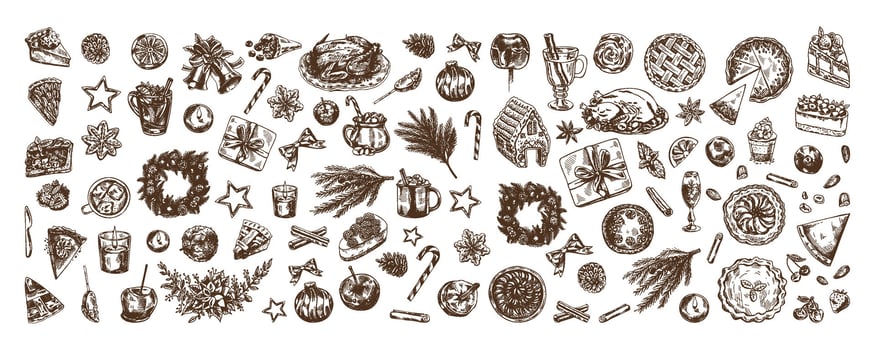 Hand-drawn Christmas set in sketch style. Festive decoration, wreath, gift, sweets, food, Christmas tree decor, drinks and spices sketches. Vintage design elements for winter holyday. Ingraved. vector