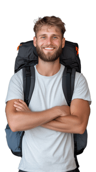 Smiling backpacker with arms crossed on transparent background png