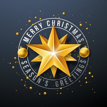 Merry Christmas and Happy New Year Illustration with Gold Glass Ball, Star and Typography Letter on Black Background. Holiday Season Banner Design for Greeting Card, Party Flyer, Celebration vector