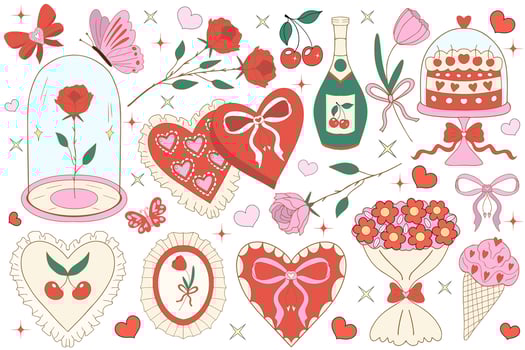 Valentine's Day cute collection. Pink girly coquette y2k aesthetic set, elegant vintage accessory. Lovely cute collection, red cherrie, pink ribbon, bow, heart, cupid. illustration vector