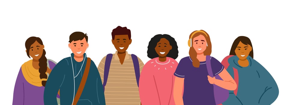 Multiracial group of male and female students teenagers with backpacks smiling flat illustration isolated on white. vector