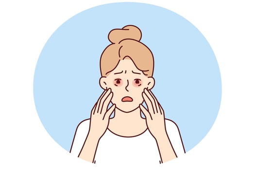 Sad woman with dry reddened eyes due to irritation or allergic reaction caused by food vector