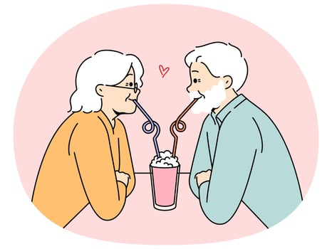 Romantic elderly couple on date, drink one cocktail and experience celebrating wedding anniversary vector