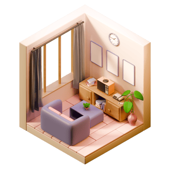 3D Isometric Livingroom with sofa and retro tv Design Decoration png