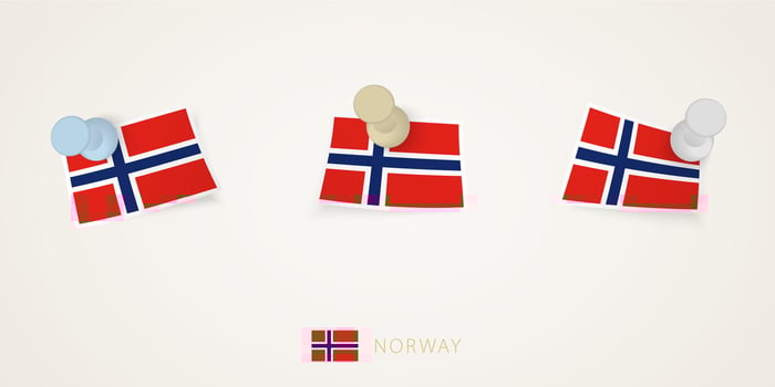 Pinned flag of Norway in different shapes with twisted corners. pushpins top view. vector