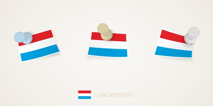 Pinned flag of Luxembourg in different shapes with twisted corners. pushpins top view. vector