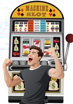 A man is holding up his fist in front of a slot machine vector
