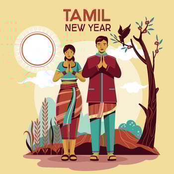 Happy new year tamil couple in traditional dress illustration vector