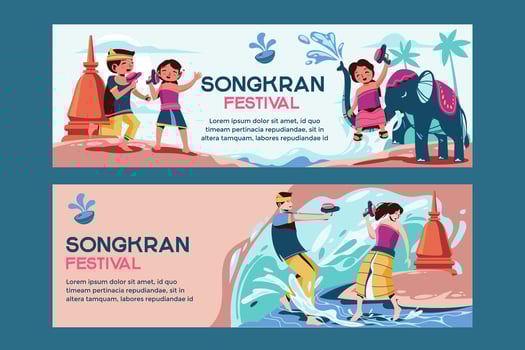Songkran Festival Banner with Kids Playing Water in Temple mean Thailand Traditional New Year's Day vector