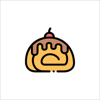 A pastry with a cherry on top is shown in a line drawing vector
