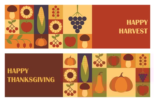 Set of horizontal banners Happy Harvest and Happy Thanksgiving. Greeting card design template with abstract geometric print. illustration vector