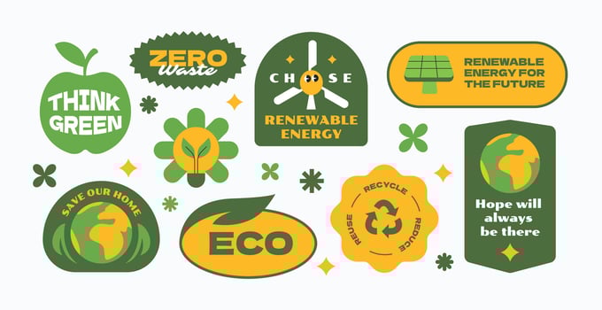Sustainable green stickers. Renewable, Eco, Clean energy. vector