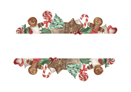A rectangular frame decorated with Christmas sweets. The illustration with gingerbread, lollipops, sweets, cupcakes, holly berries are hand-painted in watercolor on a white background. For design png