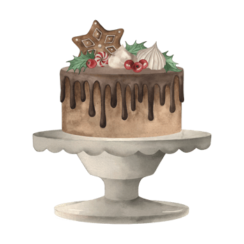 Chocolate cake decorated with sweets, berries and holly leaves, gingerbread on a white ceramic stand. The Christmas, festive dessert is hand-painted in watercolor on a white background. For packaging png