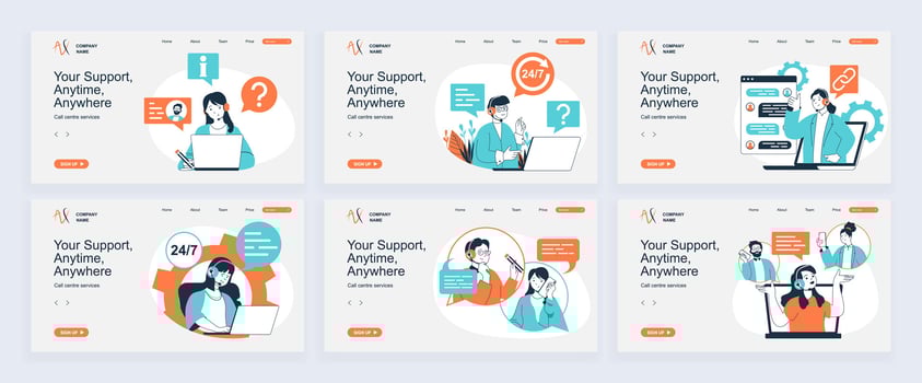 Call center concept of landing page with slide templates set in flat design. Website headers with people answering calls, online messages in support service, consulting clients. illustrations. vector