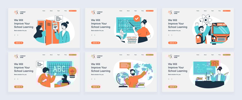 School learning concept of landing page with slide templates set in flat design. Website headers with people studying and teaching, classmate reading books, answering at lessons. illustrations. vector