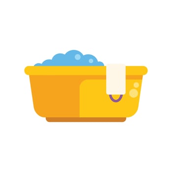 Yellow bathtub full of water with soap and towel hanging on side vector