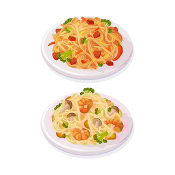 Traditional Thai Food with Noodles with Shrimp, Salmon and Mushrooms Set vector