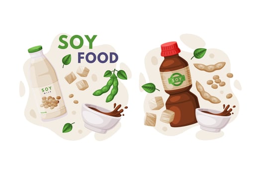 Natural Soy Products from Soybean Plant with Milk and Sauce Composition Set vector