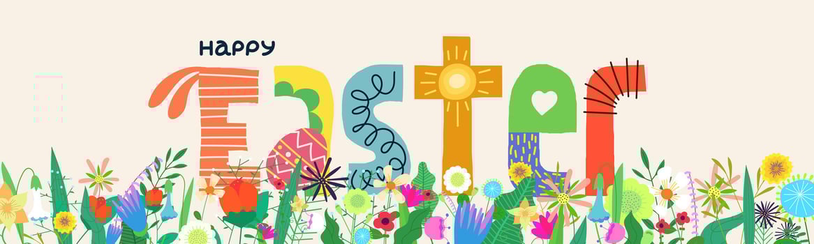 Happy Easter holiday party horizontal banner. Traditional spring Christian religious Passover celebration promo greeting card. Bright floral and creative lettering print. Colorful Paschal design vector