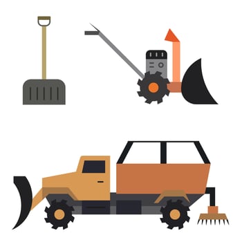 Snow removal equipment color pictures. Symbols of industrial snow removal. vector