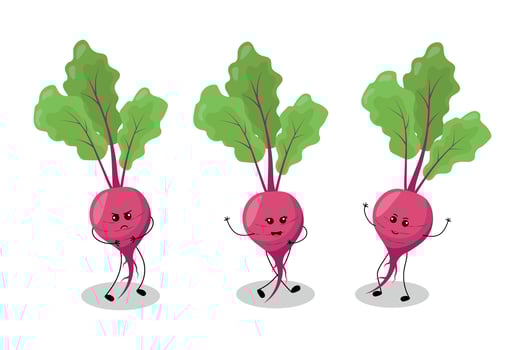 A cute beetroot character in kawaii style with a smiling face and vibrant colors on a white background, perfect for kids' designs and food illustrations. illustration. vector