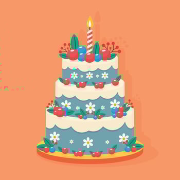 birthday cake with berrys and floral decorations isolated flat illustration vector