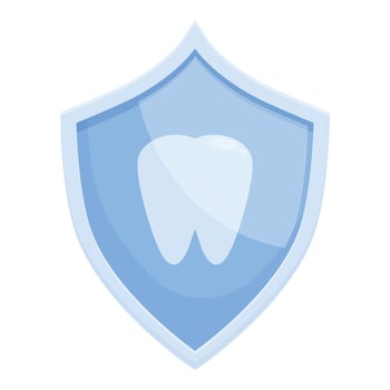 Cartoon tooth inside blue shield promoting dental health, insurance, and hygiene vector