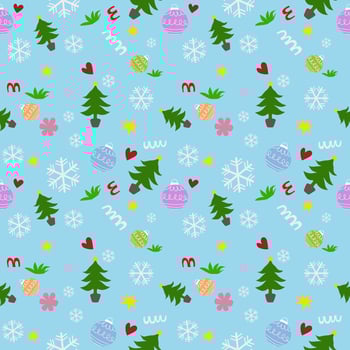 Seamless pattern with festive elements such as Christmas trees, snowflakes, stars, hearts and ornaments. The design has a light blue background. It creates a cheerful and winter atmosphere. vector