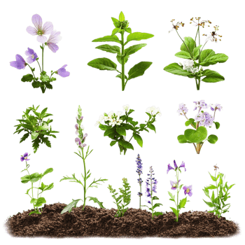 image of a set of plants with flowers in soil on a transparent background png