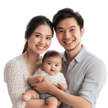 Happy Asian family with a baby on a transparent background png